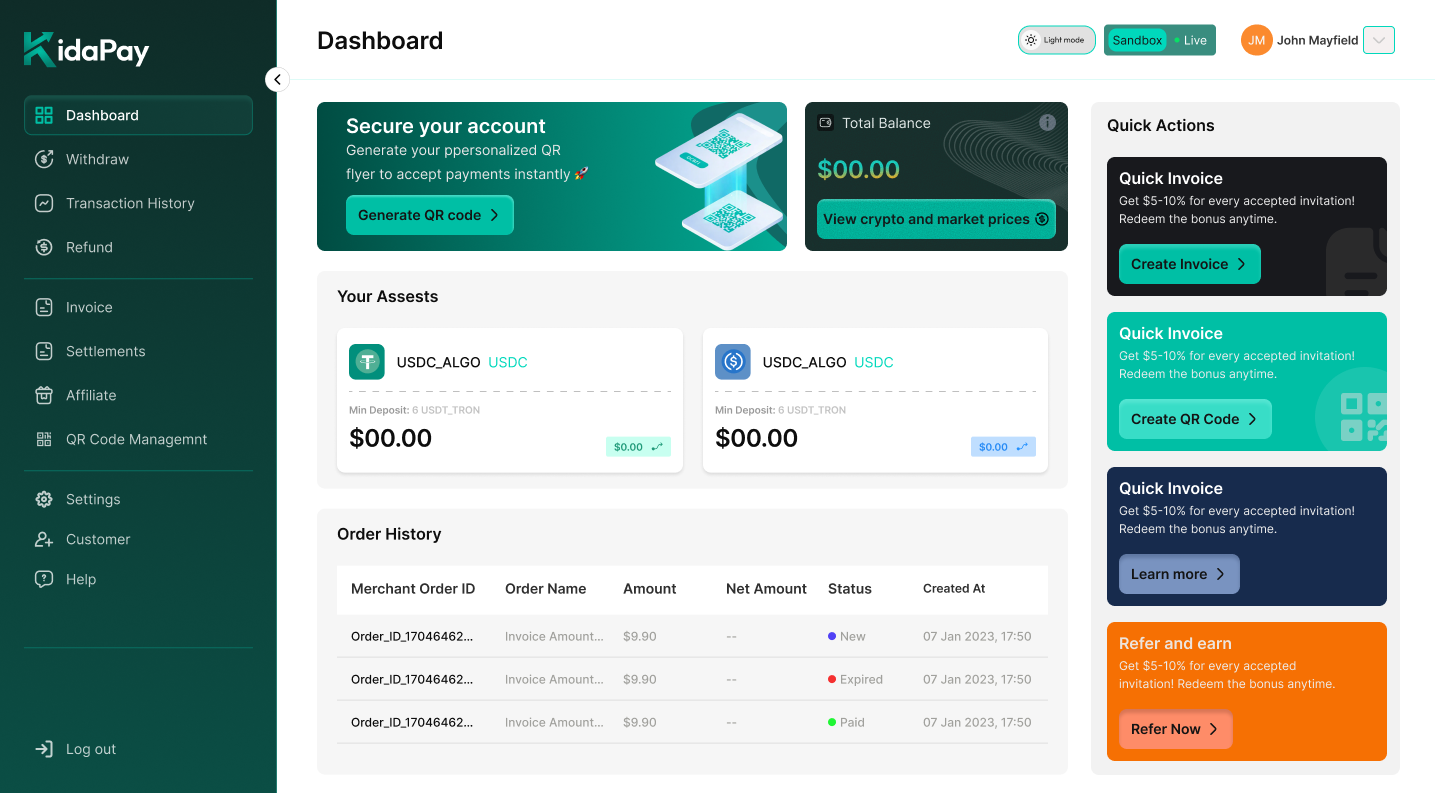 KidaPay Dashboard - Crypto Payment Management Platform